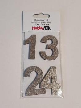 Holzzahlen 1 - 4 ca. 5,3 cm, gold-glitzer