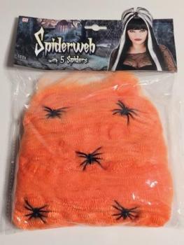 Spinnennetz orange mit 5 Spinnen 100gschwarzes Spinnennetz, schwarze Spinnen