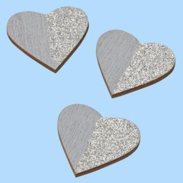 Holzstreuteil Herz grau/silber, 25 mm, Btl. à 6 St.
