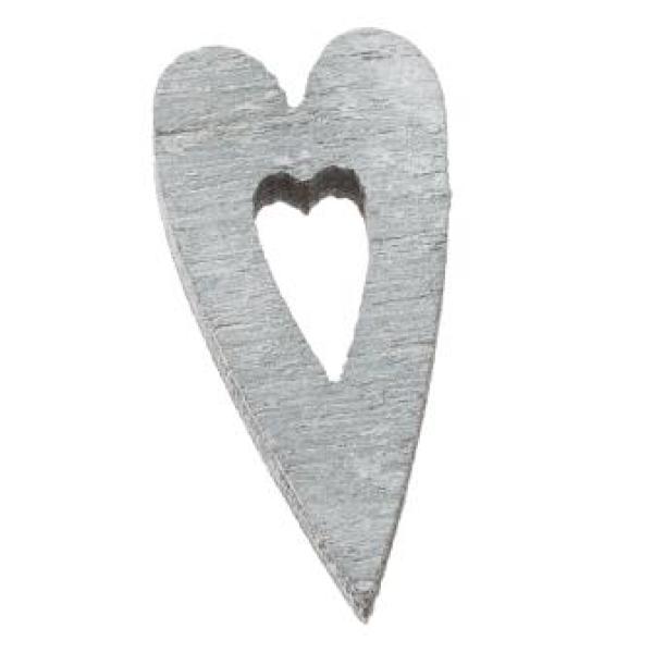Holzstreuteil Herz durchbrochen grau, ca. 2 cm, Btl. à 12 St.