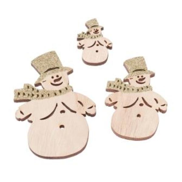Schneemann, 4 - 9,5 cm, Holz, Btl. à 3St. Sort., goldfarben