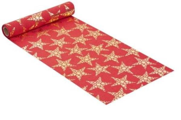 Dekostoff Leinen-optik 28 cm x 15 m, Stern II, rot-gold  ldm