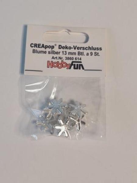 CREApop® Deko-Verschluss Blume silber, 13 mm, Btl. à 9 St.