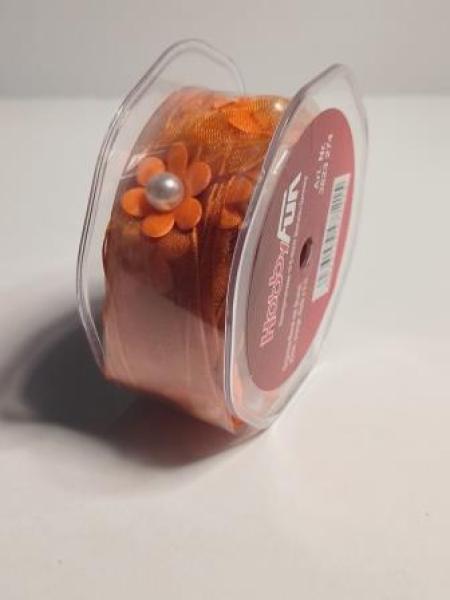 Organza-Band mit Blume, 25 mm, orange, Rol. à 5 m  ldm