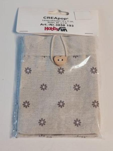 Leinensäckchen 14 x 11 cm Blüten 2 farbig Btl/3Stk