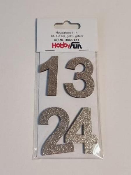 Holzzahlen 1 - 4 ca. 5,3 cm, gold-glitzer