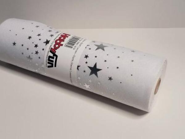 Dekostoff Leinen-optik 28 cm x 15 m, Stern I, weiss-silber   ldm