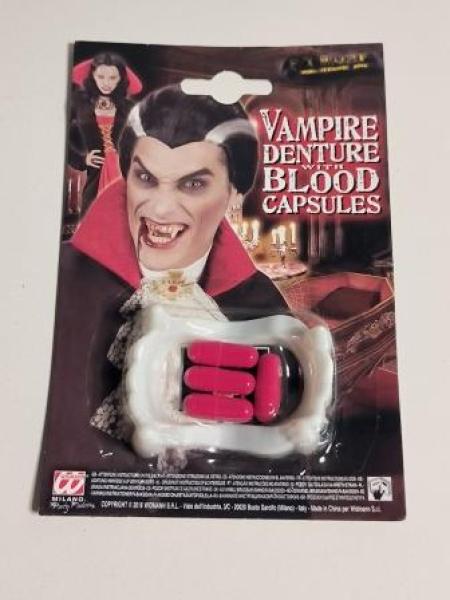 Vampirgebiss weiß mit 4 Blutkapseln