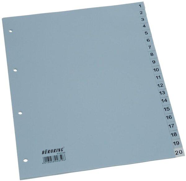 Büroring Register, 1-20, A4, PP-Folie, grau, 125 my